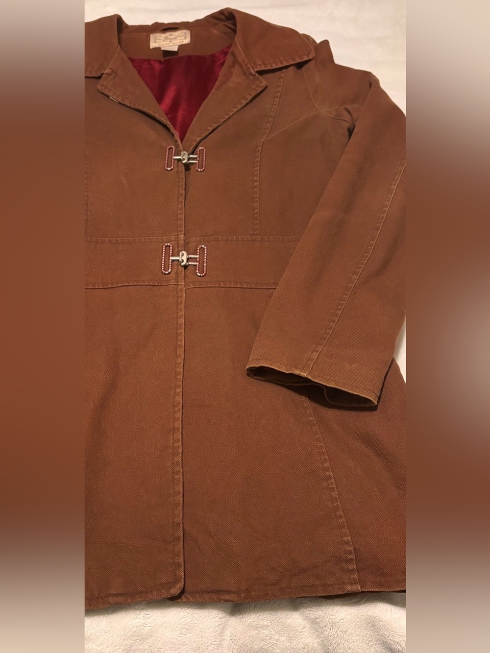 Vintage Fossil Brown Canvas Jacket Coat Red Lined Metal Clasp Large RUNS SMALL